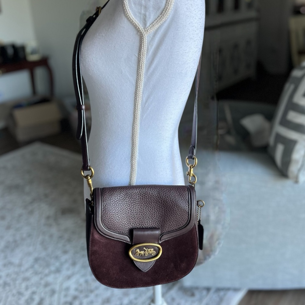 Coach Kat Saddle Bag horse and carriage motif suede pebbled leather oxblood - Picture 13 of 13
